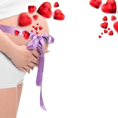 Image of pregnant woman touching her belly with hands. Beautiful red hearts are flying around her belly clipart