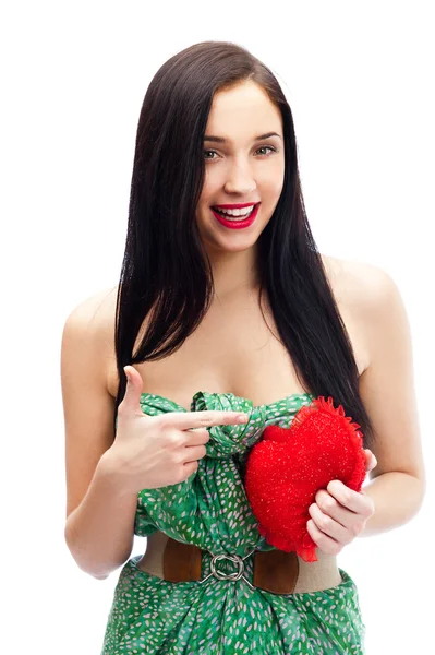Jonge gelukkig lachende vrouw met hartsymbool, geïsoleerd op wit — Stockfoto