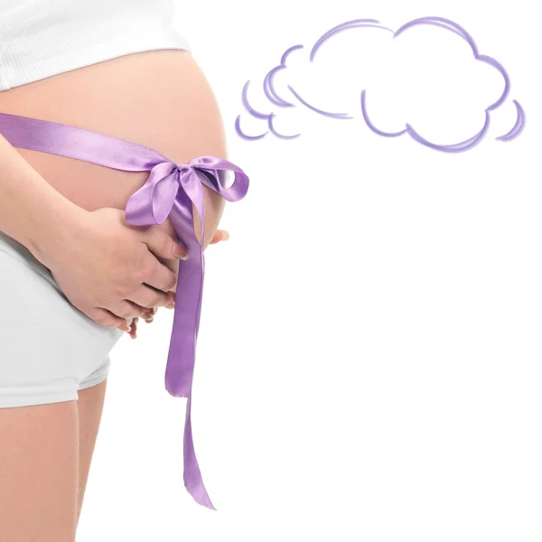 怀孕的女人，摸她的肚子，用手的图像。附近的肚子云气球 — 图库照片