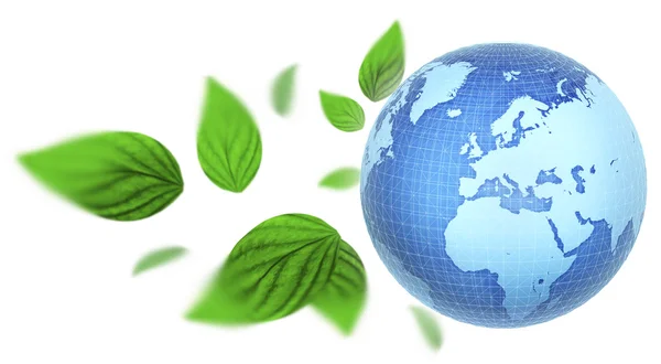 Eco blå världen med grönt blad illustration — Stockfoto