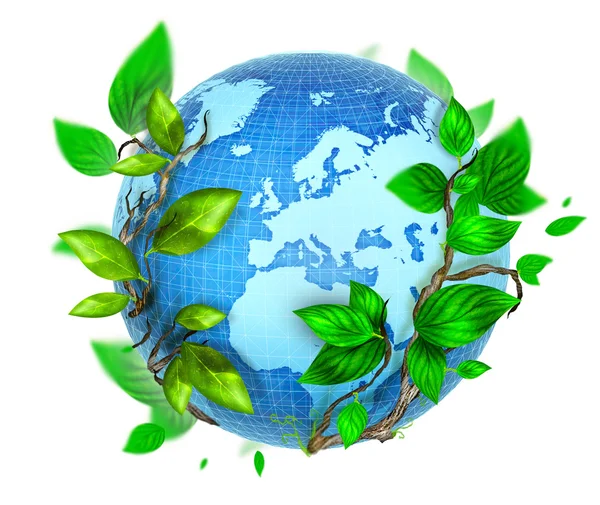 Eco niebieski kula ziemska z ilustracja liść zielony — Zdjęcie stockowe