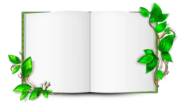 Ilustração de livro em branco simples com folhas ao seu redor. Conceito ecológico — Fotografia de Stock
