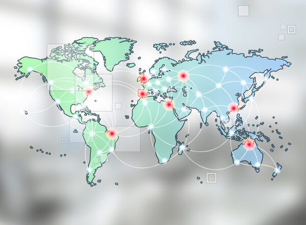 Global networking symbol of international communication featuring a world map concept