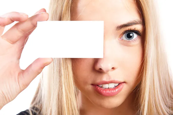 Young pretty woman holding blank card near her eye. Blank business vision — Stock Photo, Image
