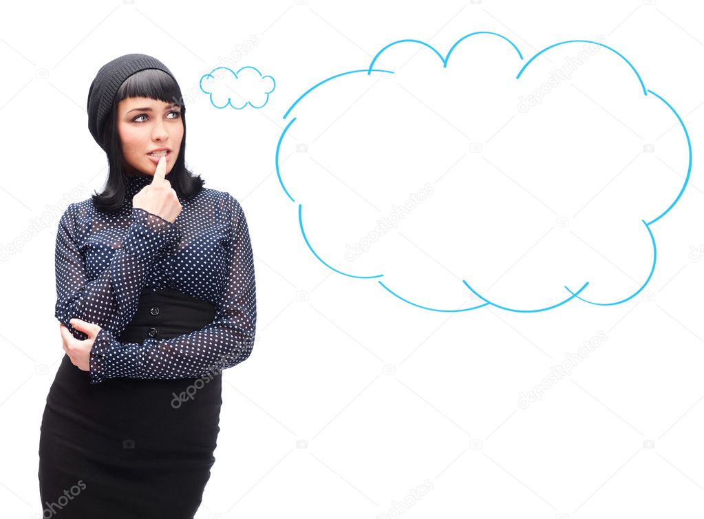 Portrait of a smiling thinking woman looking away - isolated on white. Blank cloud balloon for your text and logo