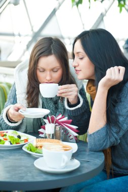 Two beautiful women having lunch and chatting at cafe clipart