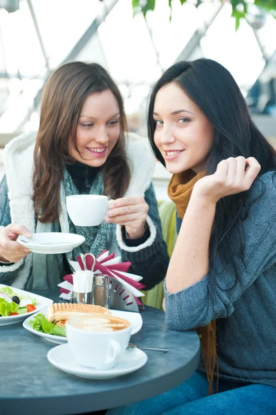 Two beautiful women having lunch and chatting at cafe — Stock Photo, Image