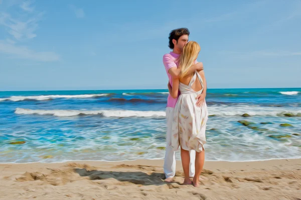 爱在海滩上拥抱和享受的时间对年轻夫妇的肖像不能在一起-图形图 — 图库照片