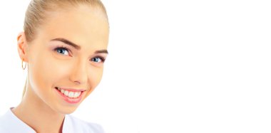 Closeup portrait of a happy young female doctor on white background clipart