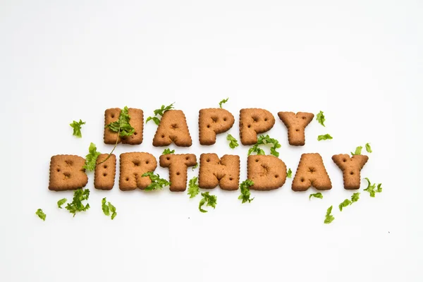 Happy Birthday By Biscuits and Leaves — Stock Photo, Image