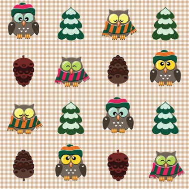 Winter checked pattern with cute owls clipart