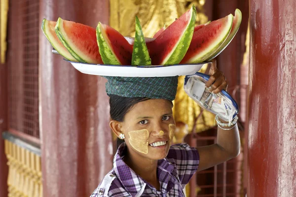 Burmese Woman Carrying Watermelon — Stock Photo, Image