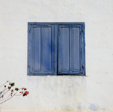 mavi perde pencere beyaz sıva duvar