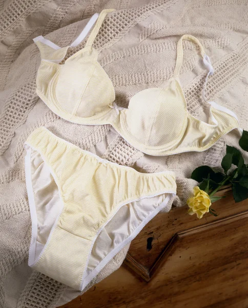 Kvinnliga underkläder på sängen i lantlig stil — Stockfoto
