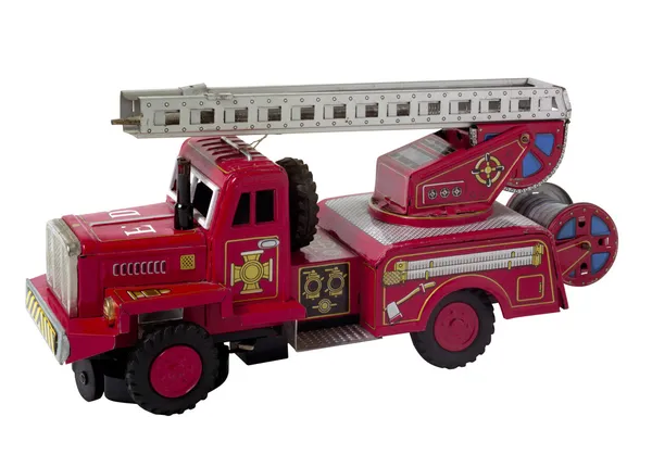 孤立在白色的罕见复古消防卡车玩具 — 图库照片