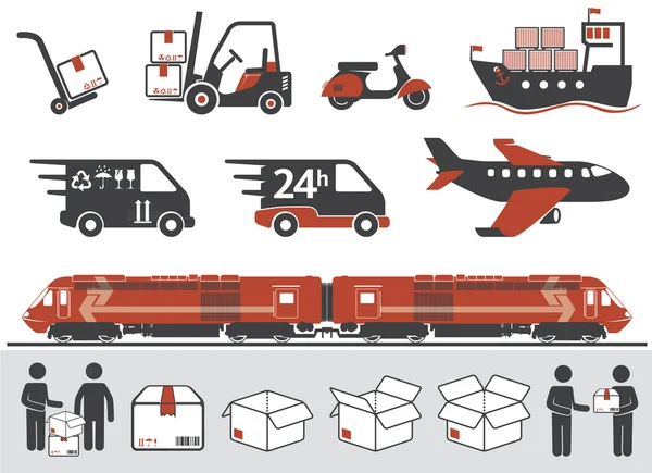 Consegna postale, simboli di trasporto — Vettoriale Stock