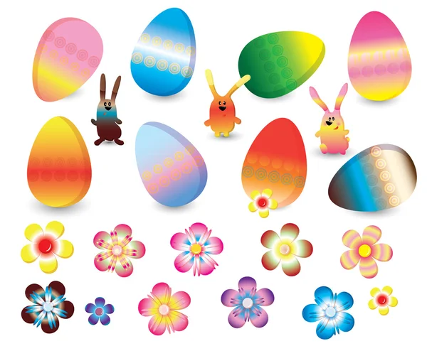 다채로운 토끼, 계란, 꽃의 부활절 세트 — 스톡 벡터