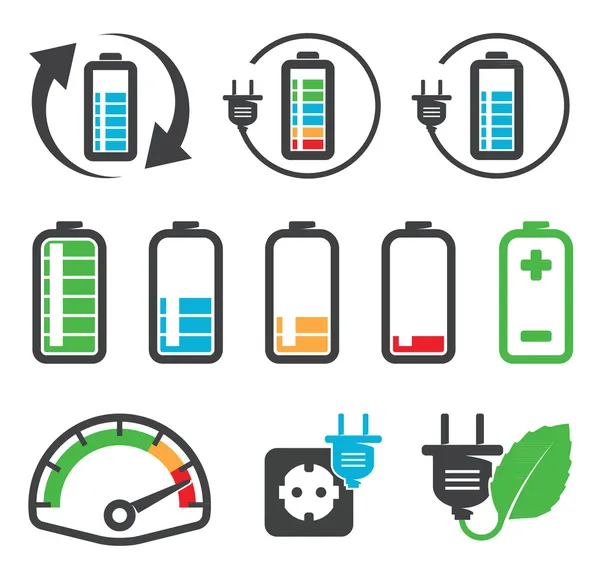 Icone colorate della batteria, concetto di riciclaggio — Vettoriale Stock
