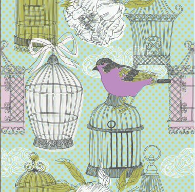 Birds and cages. pattern design clipart