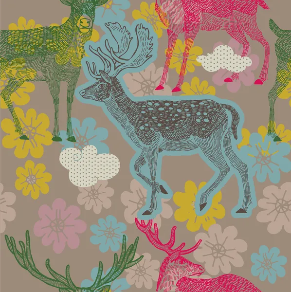 Floral seamless pattern with deers — Stock Vector