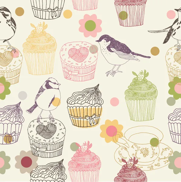 Cupcake ve kuşlar. Dikişsiz desen tasarım — Stok Vektör