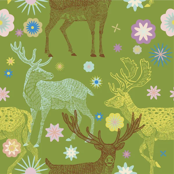 鹿とシームレスな花柄 — ストックベクタ