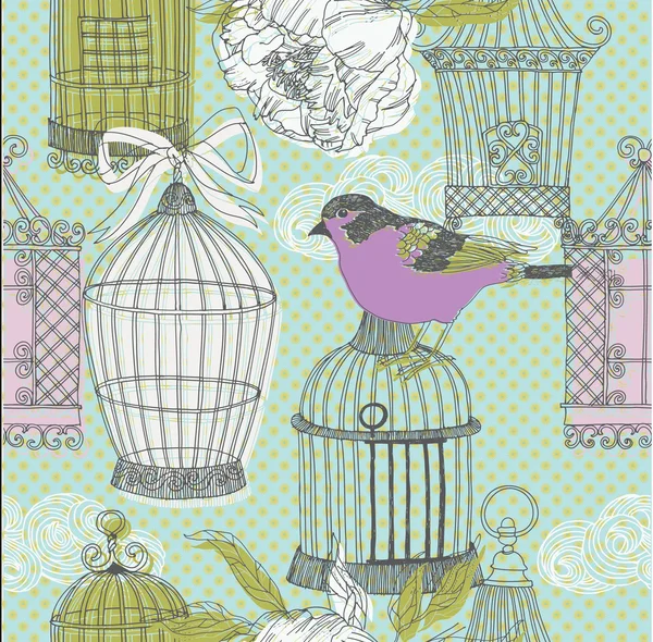 Pájaros y jaulas. diseño de patrón — Archivo Imágenes Vectoriales