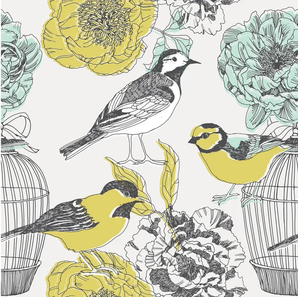 Птицы и цветы. бесшовный узор — стоковый вектор