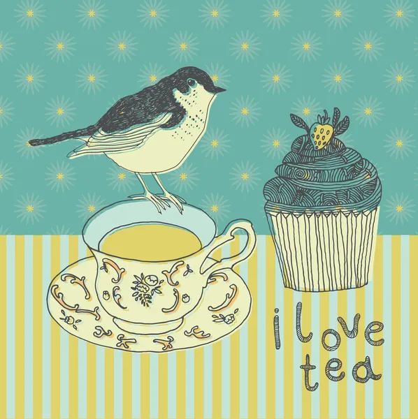 Любовний чайний фон з кексом і пташкою — стоковий вектор