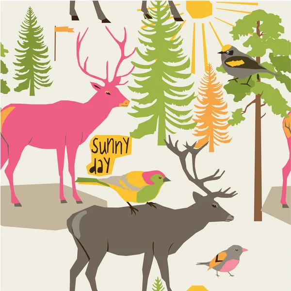 Cerfs et oiseaux des bois dans une forêt — Image vectorielle