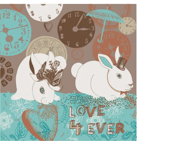 Иллюстрация кроликов, часов, сердец, зонтиков — стоковое фото