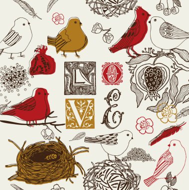 Floral garden with cute birds clipart