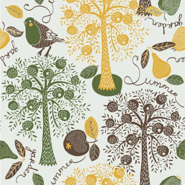 Collection of pears, apple trees and birds clipart