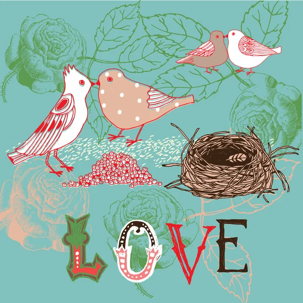 Ilustracja ptaków, całowanie, gniazdo, róże — Wektor stockowy
