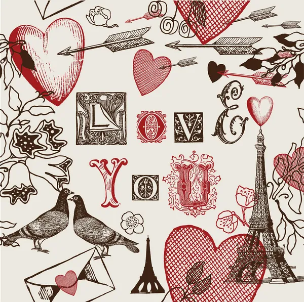 Geassorteerde illustratie van valentine symbolen — Stockvector