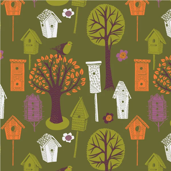 Ilustração colorida de árvores e casas de pássaros — Vetor de Stock