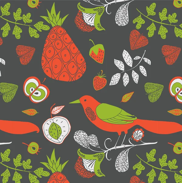 Vogel en fruit patroon — Stockvector