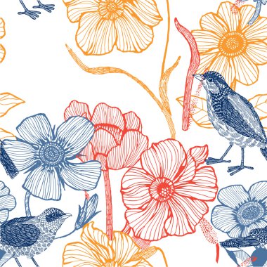 Illustration of flowers, bird clipart