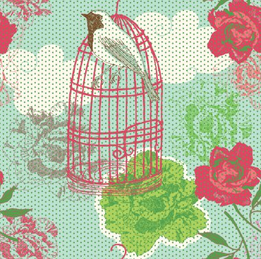 Illustration of birdcage, flowers clipart