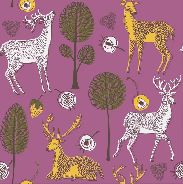 Illustration de cerfs avec bois, arbres, fleurs — Image vectorielle