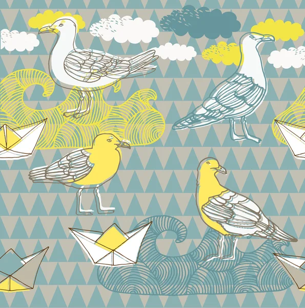 Güvercinler ve kağıt tekneler çizimi — Stok Vektör
