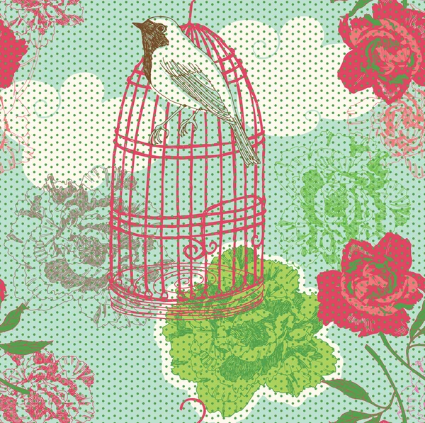 Illustration av fågelbur, blommor — Stock vektor