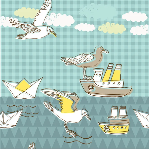 Illustrazione di uccelli volanti e barche — Vettoriale Stock