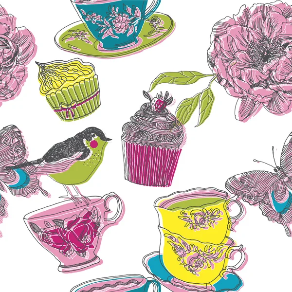 Ilustración de aves, flores, cupcakes, tazas de té — Vector de stock