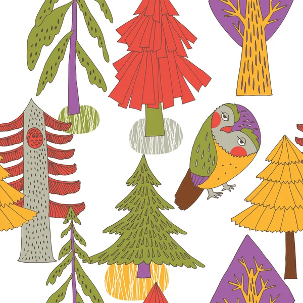 Bosque colorido con búho lindo — Archivo Imágenes Vectoriales