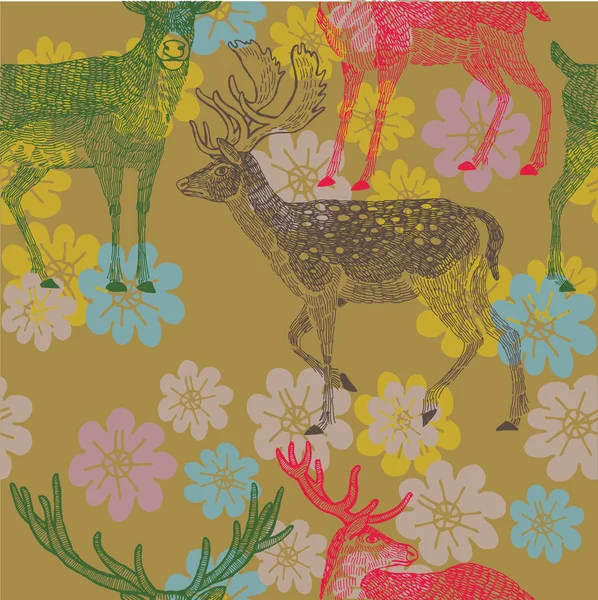 Ilustración de ciervos con astas, flores — Vector de stock