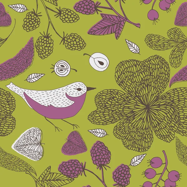 各种水果、 鸟、 叶子的插图 — 图库矢量图片