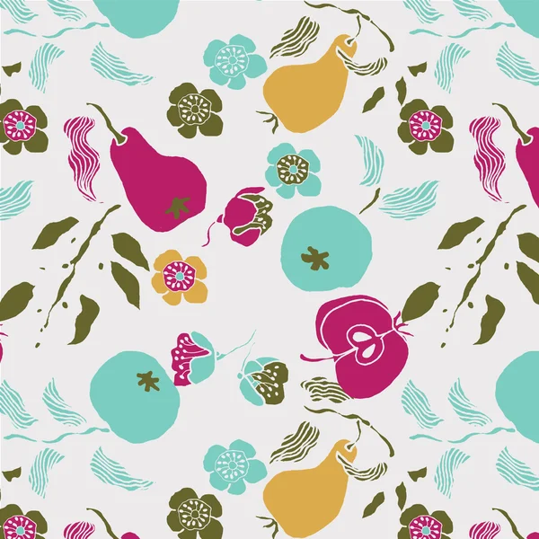 Abbildung von Äpfeln, Birnen, Blumen, Blättern — Stockvektor