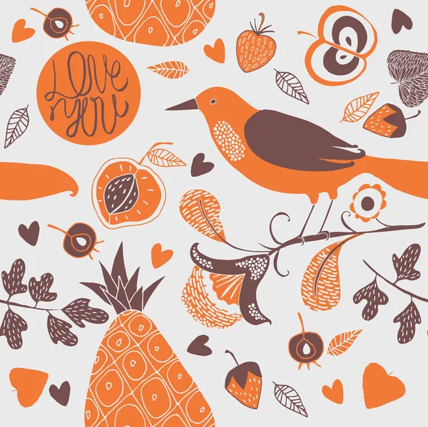 Ilustración de aves, flores, hojas y frutos — Archivo Imágenes Vectoriales