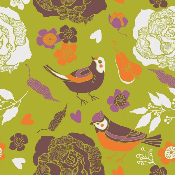 Illustration d'oiseaux, fleurs, cœurs découpés — Image vectorielle